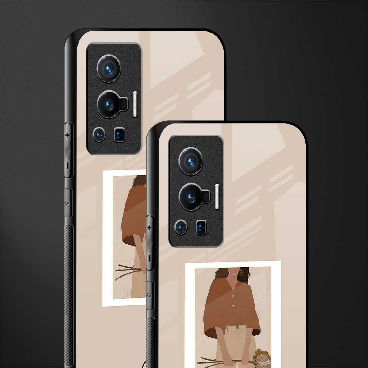 beige brown young lady art glass case for vivo x70 pro