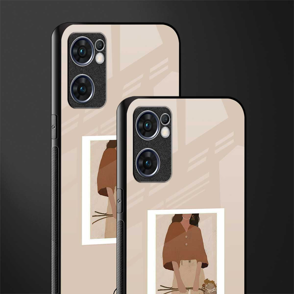 beige brown young lady art glass case for oppo reno7 5g