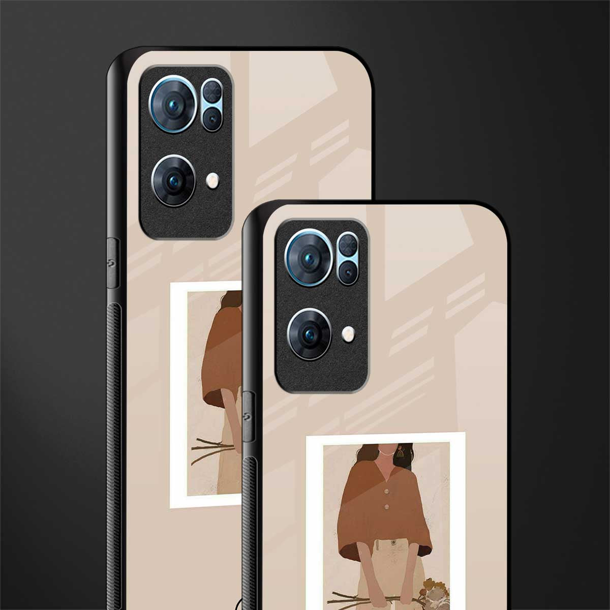 beige brown young lady art glass case for oppo reno7 pro 5g