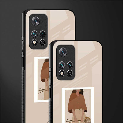 beige brown young lady art glass case for poco m4 pro 5g