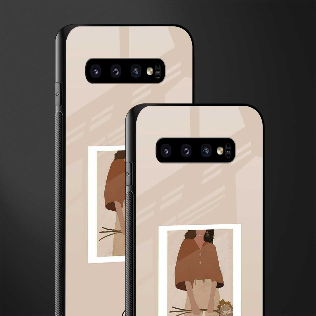beige brown young lady art glass case for samsung galaxy s10