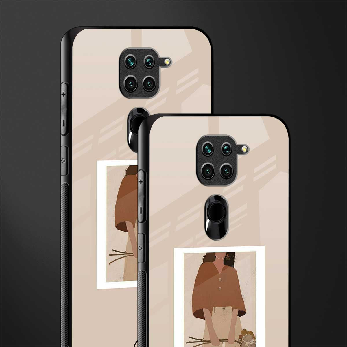 beige brown young lady art glass case for redmi note 9