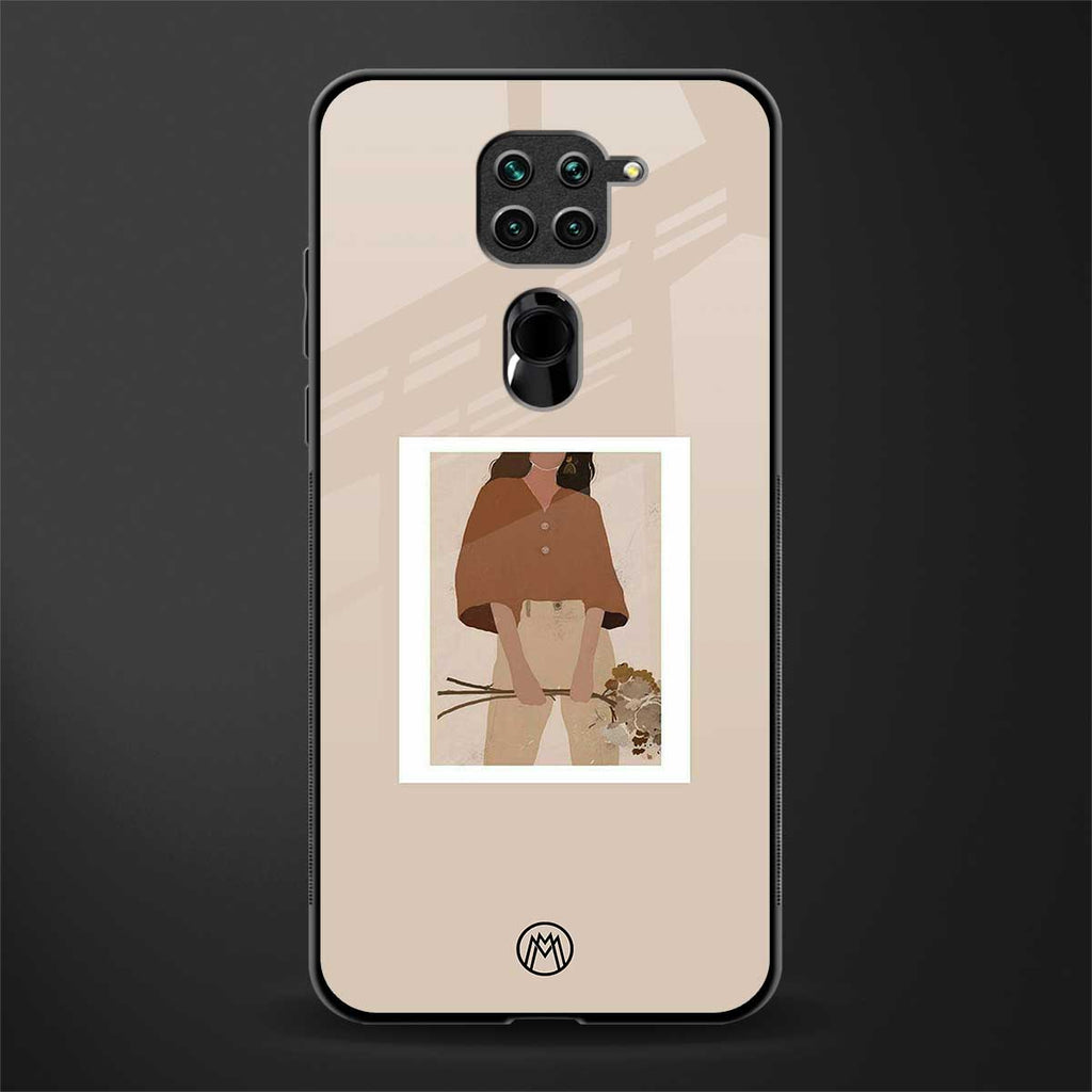 beige brown young lady art glass case for redmi note 9