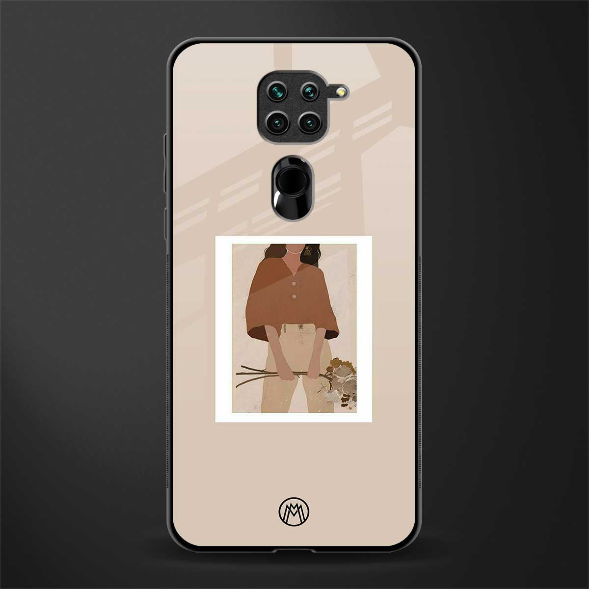 beige brown young lady art glass case for redmi note 9