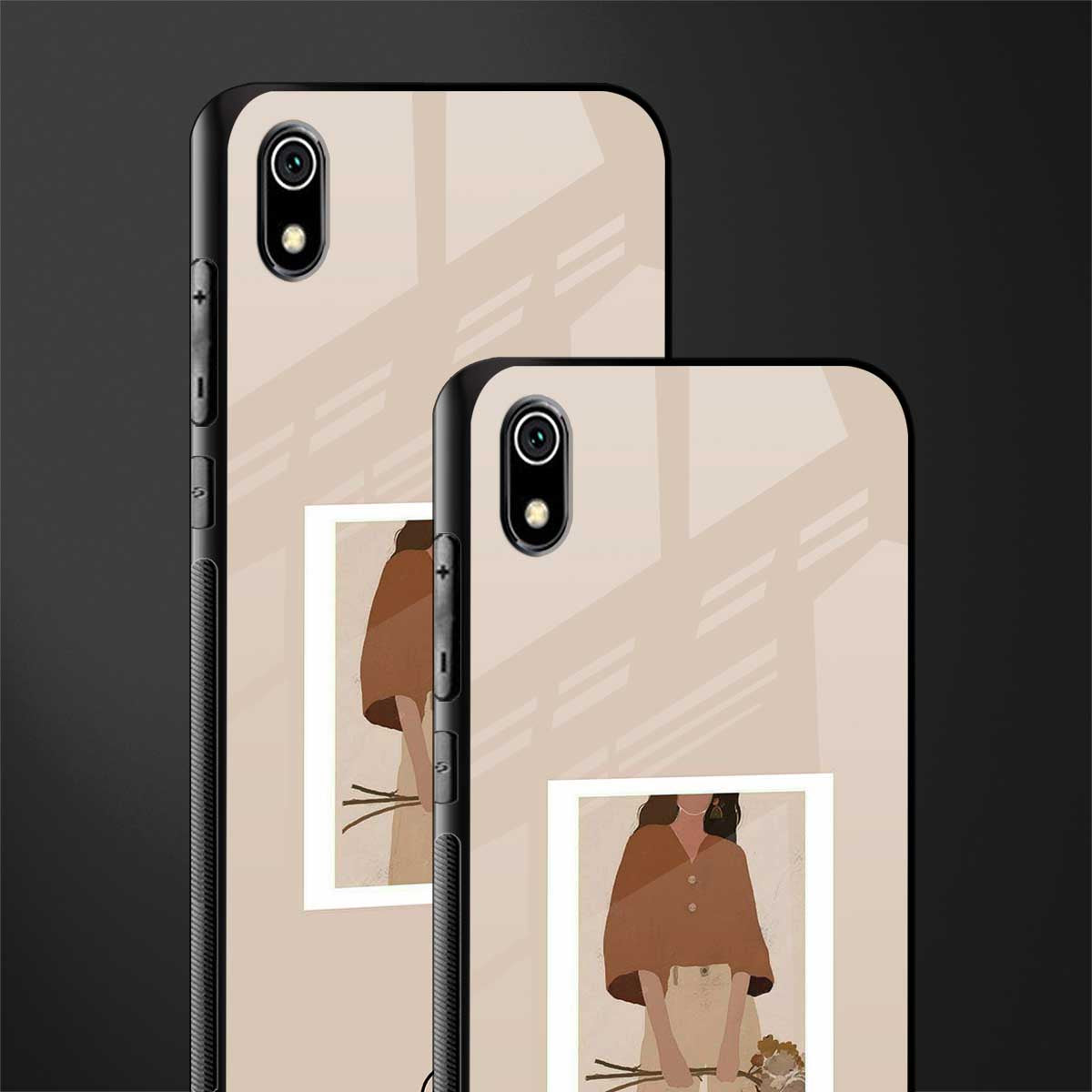beige brown young lady art glass case for redmi 7a