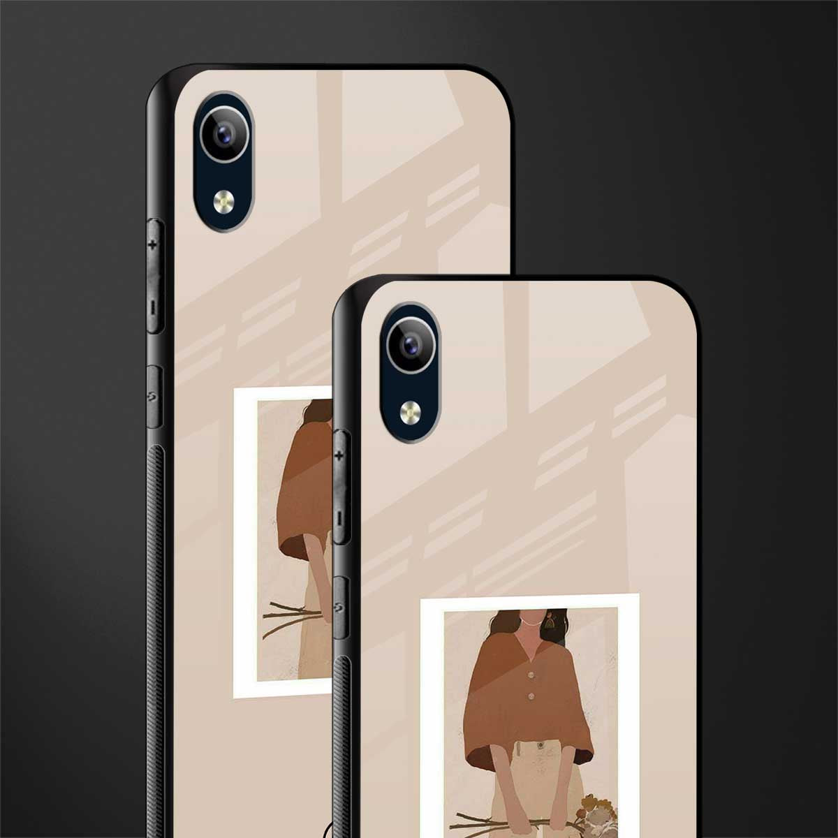beige brown young lady art glass case for vivo y1s without fingerprint