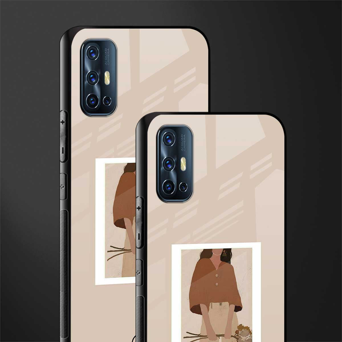 beige brown young lady art glass case for vivo v17