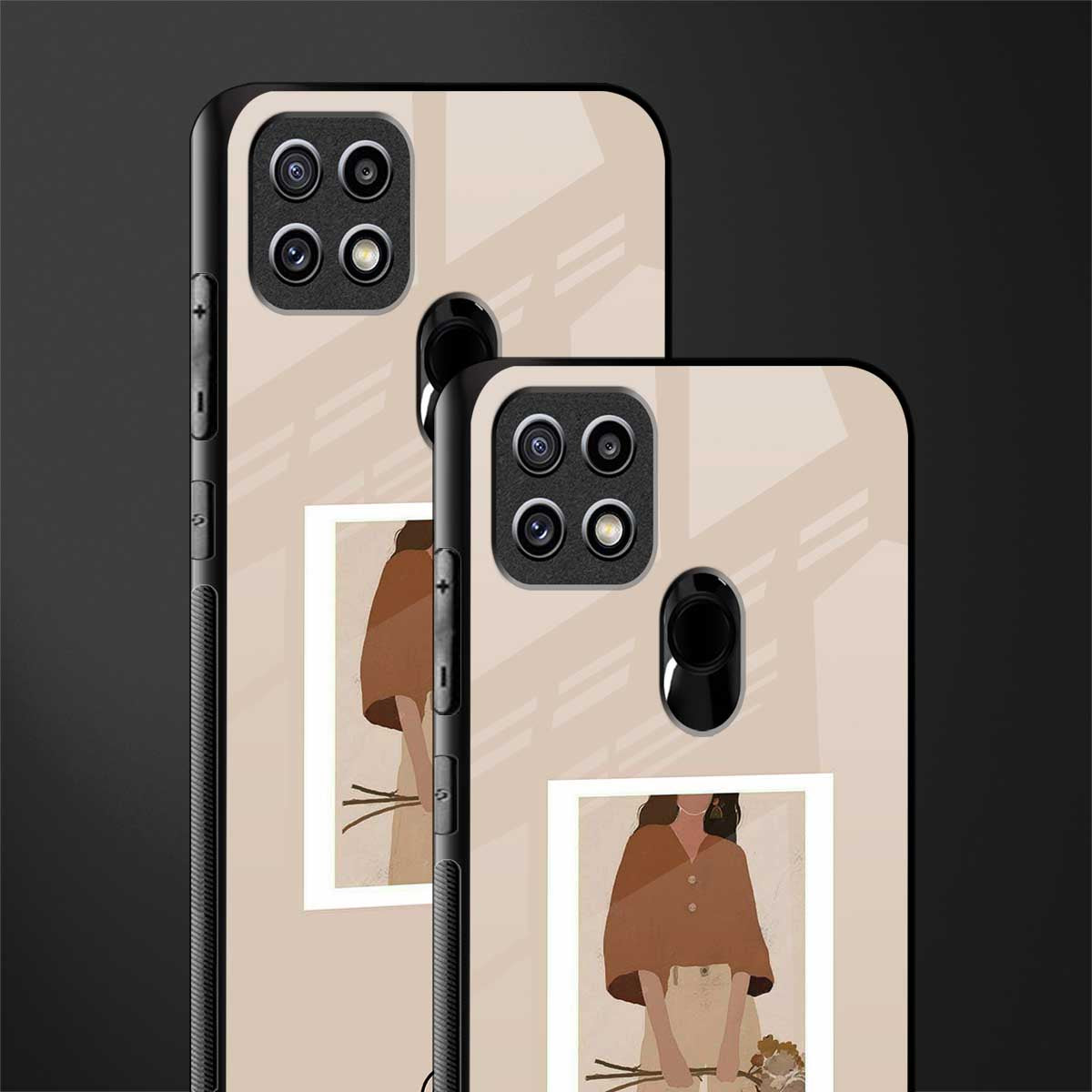beige brown young lady art glass case for oppo a15