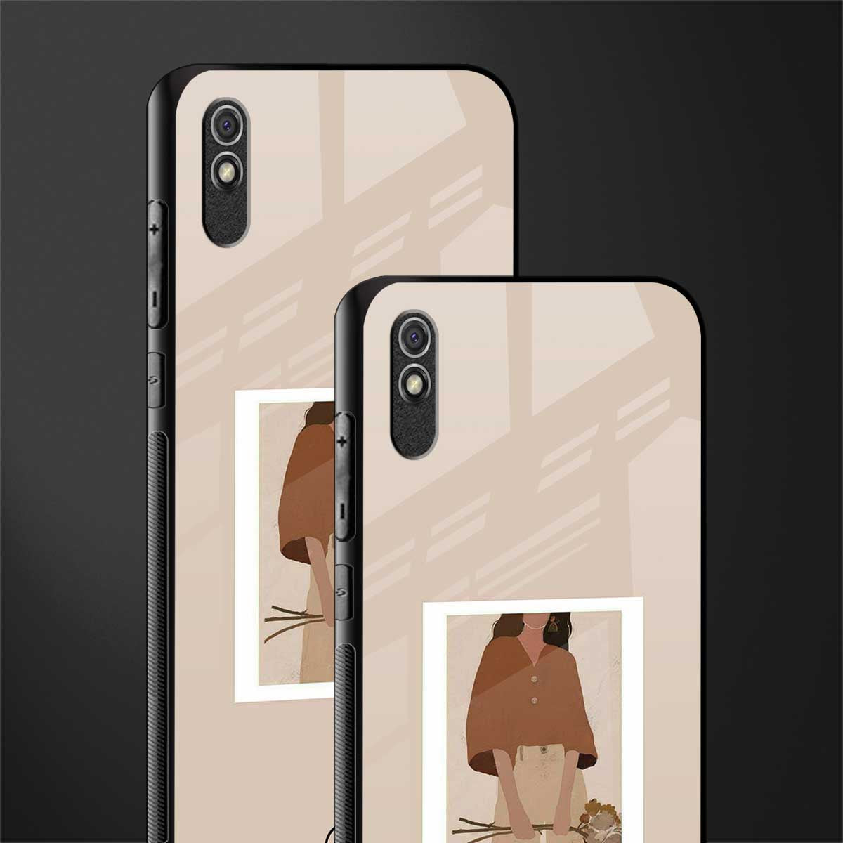 beige brown young lady art glass case for redmi 9i