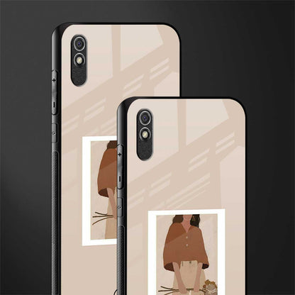 beige brown young lady art glass case for redmi 9a