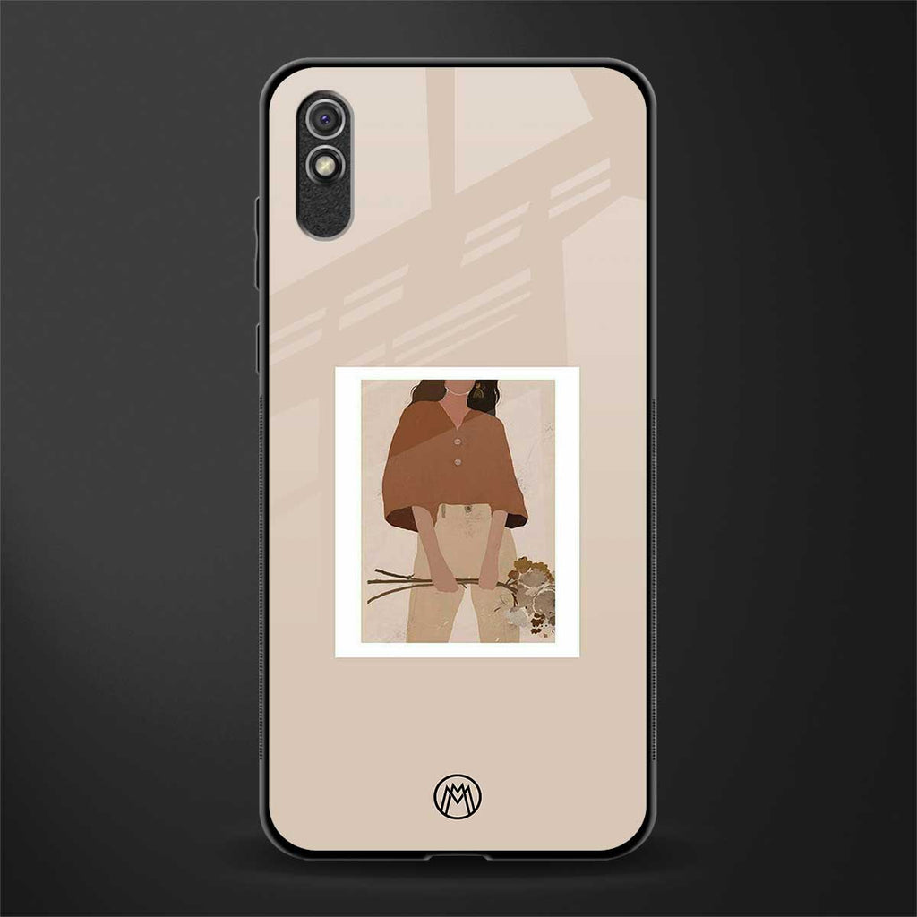 beige brown young lady art glass case for redmi 9a