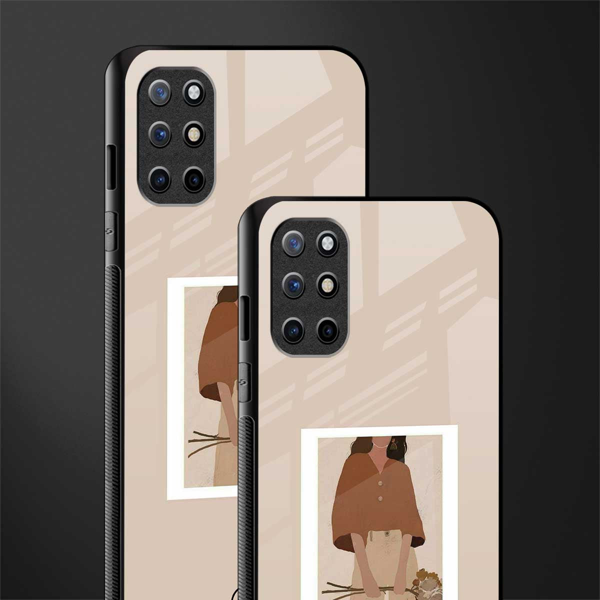 beige brown young lady art glass case for oneplus 8t