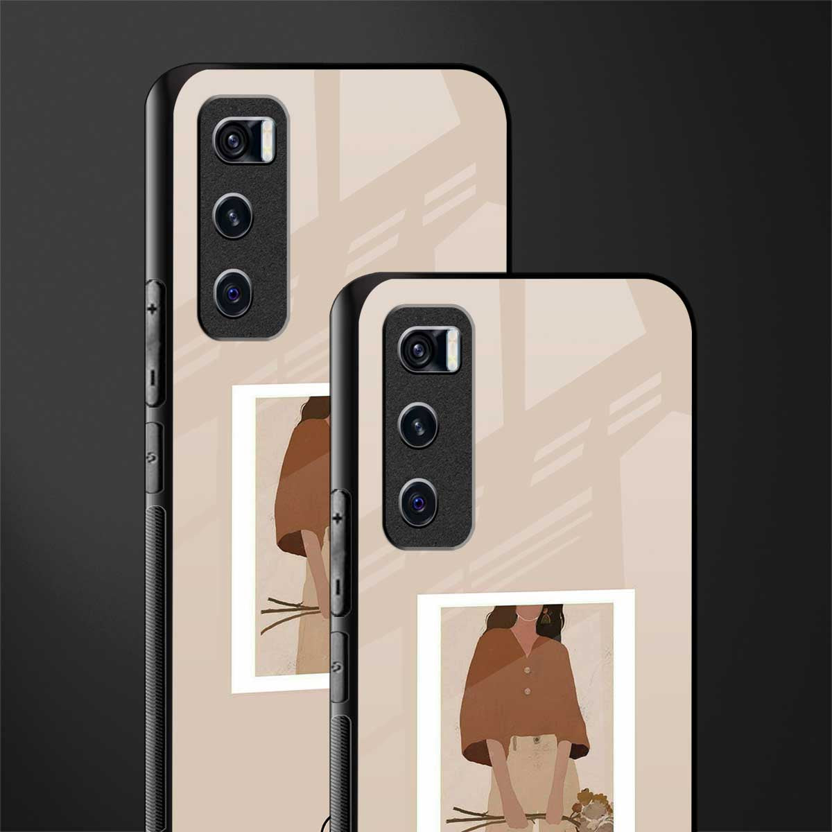 beige brown young lady art glass case for vivo v20 se