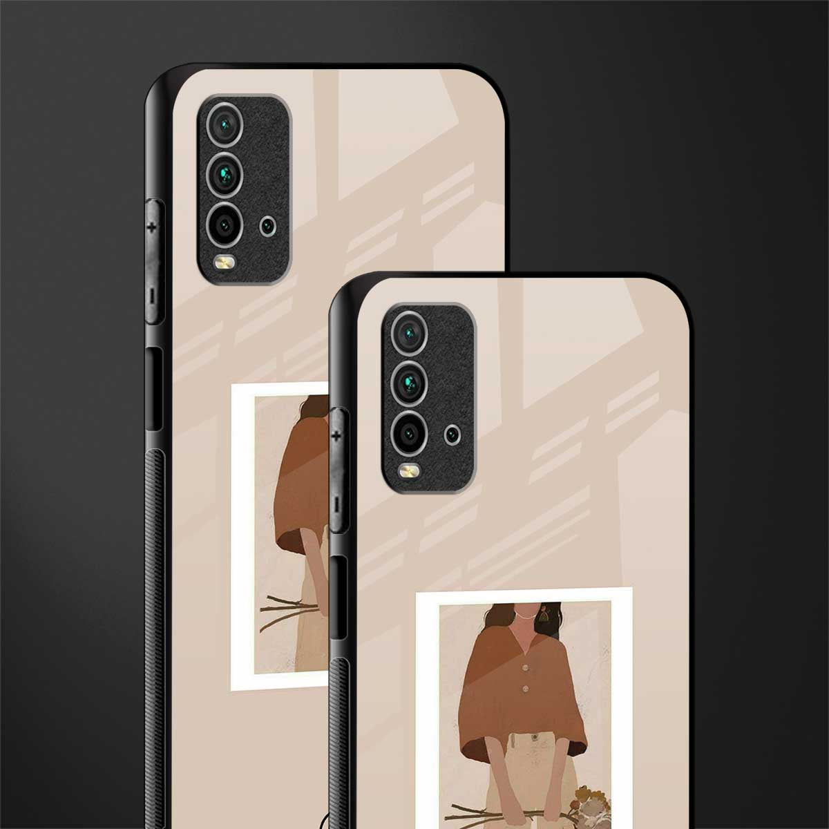 beige brown young lady art glass case for redmi 9 power