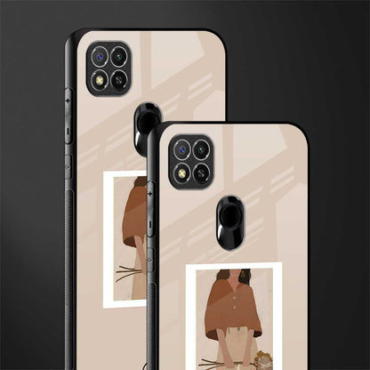 beige brown young lady art glass case for redmi 9