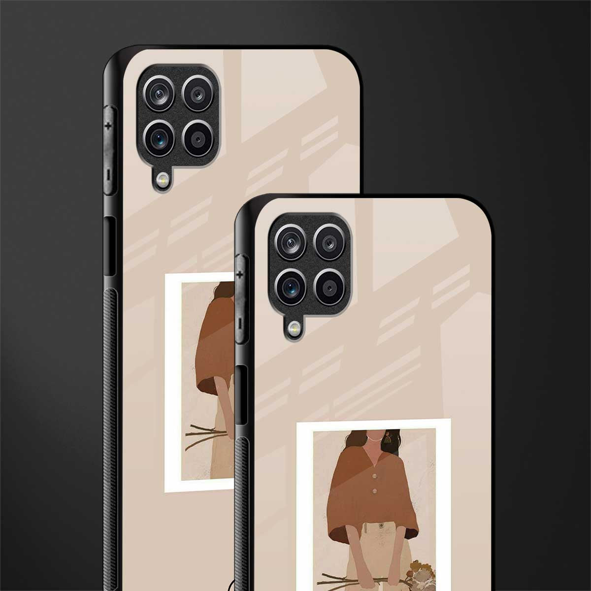 beige brown young lady art glass case for samsung galaxy m12