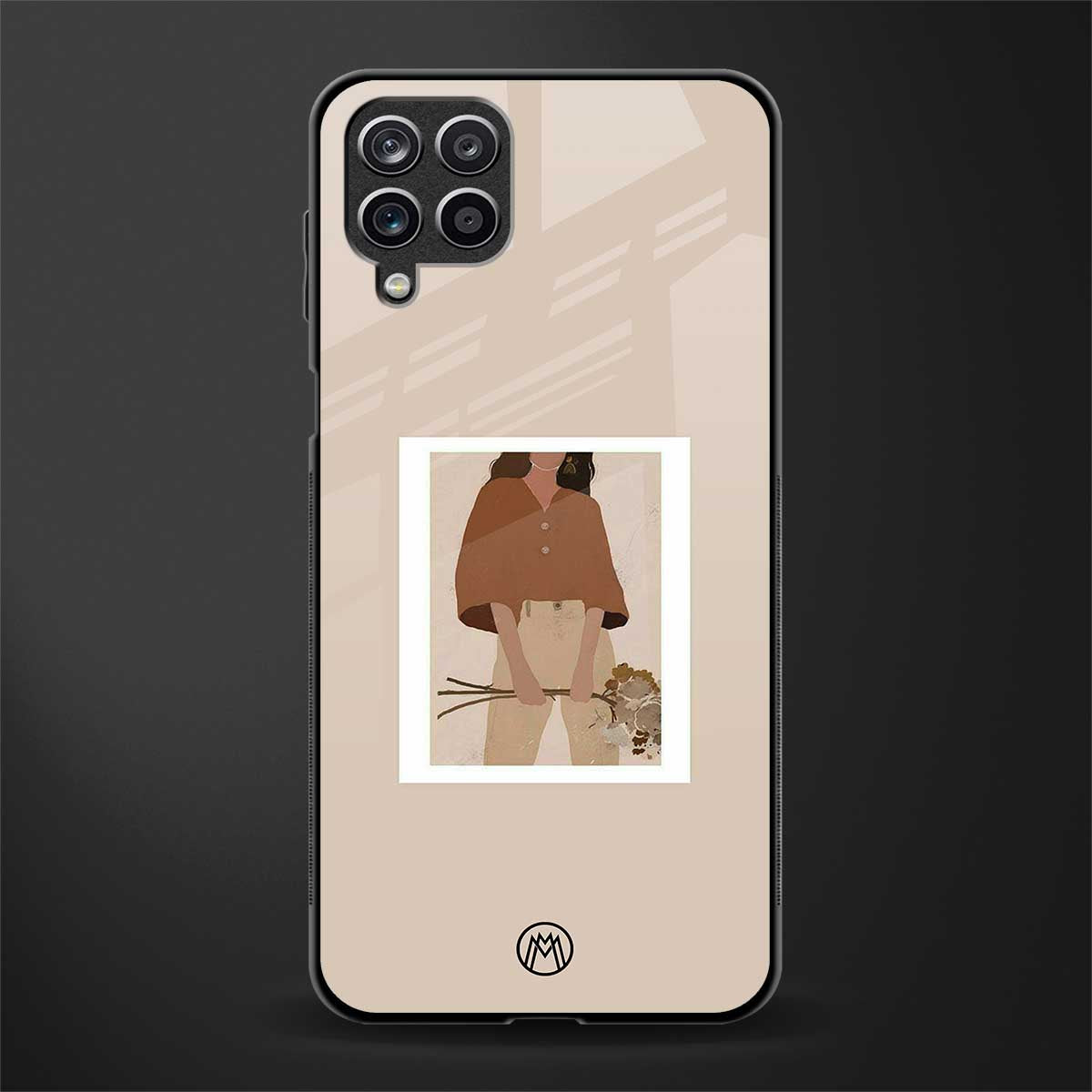 beige brown young lady art glass case for samsung galaxy m12