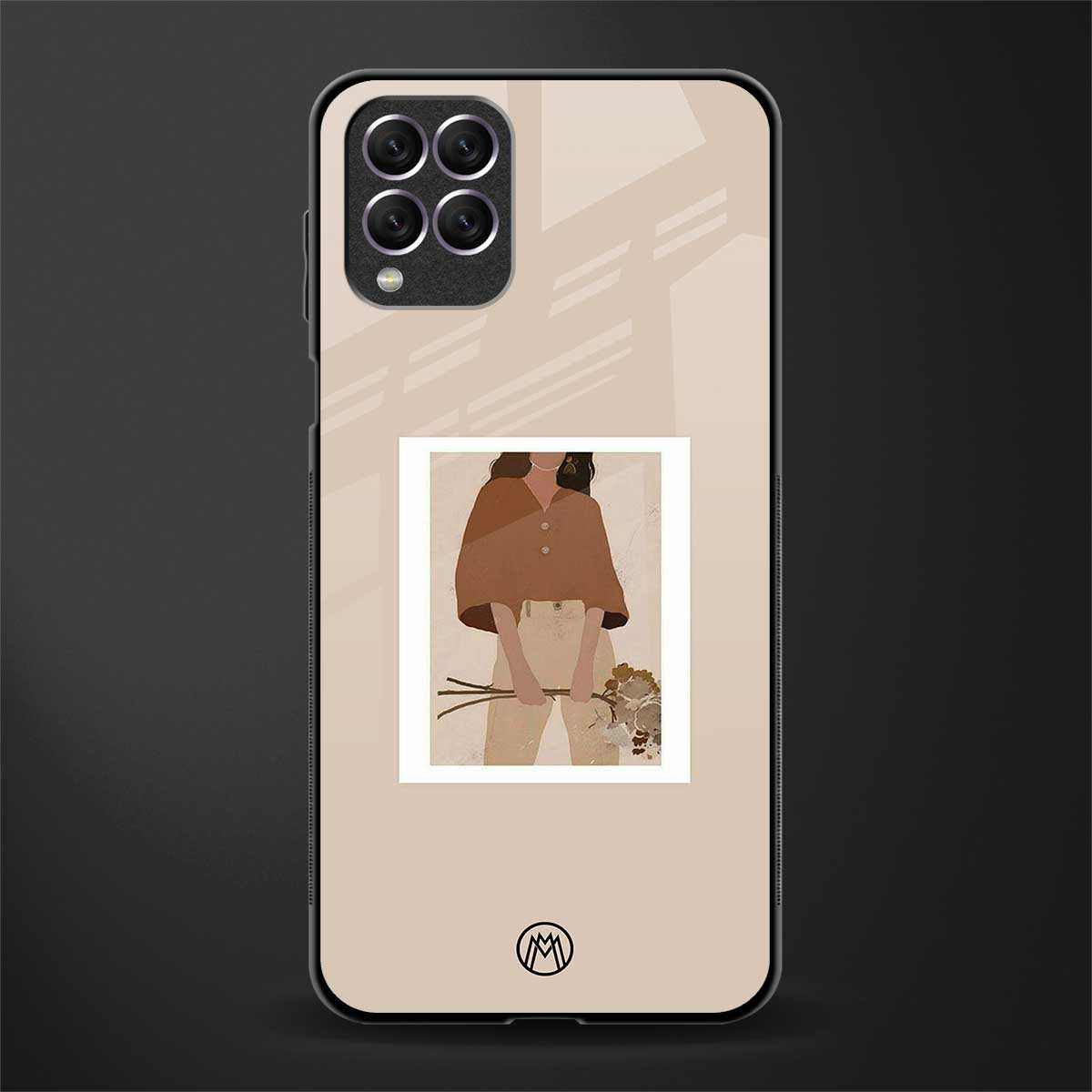 beige brown young lady art glass case for samsung galaxy f62