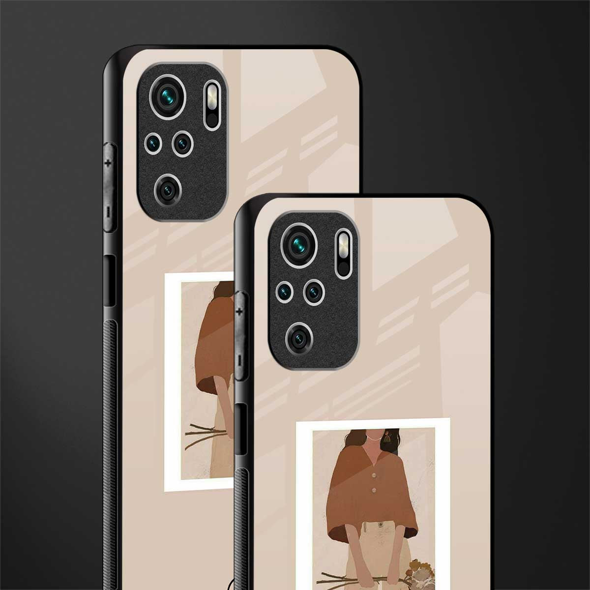 beige brown young lady art glass case for redmi note 10