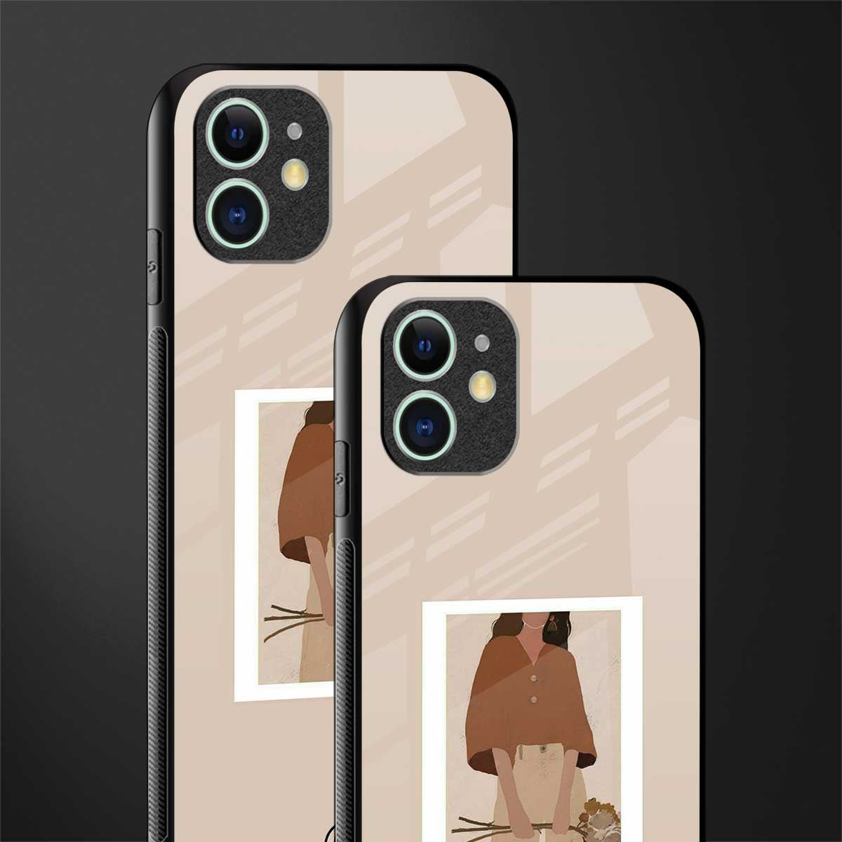 beige brown young lady art glass case for iphone 12