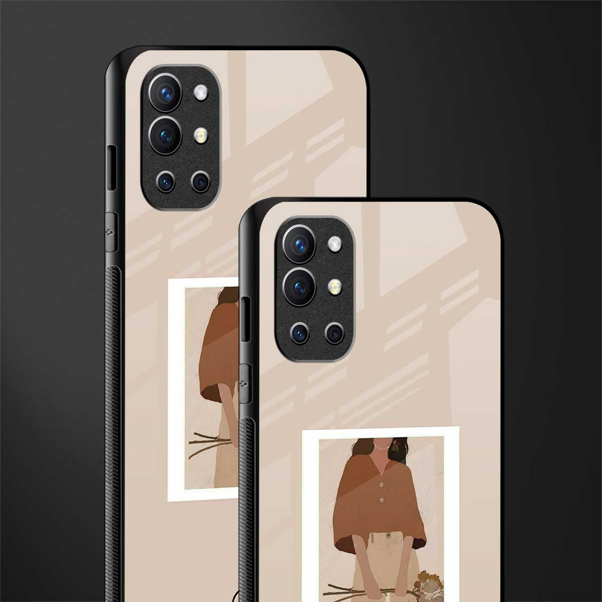 beige brown young lady art glass case for oneplus 9r