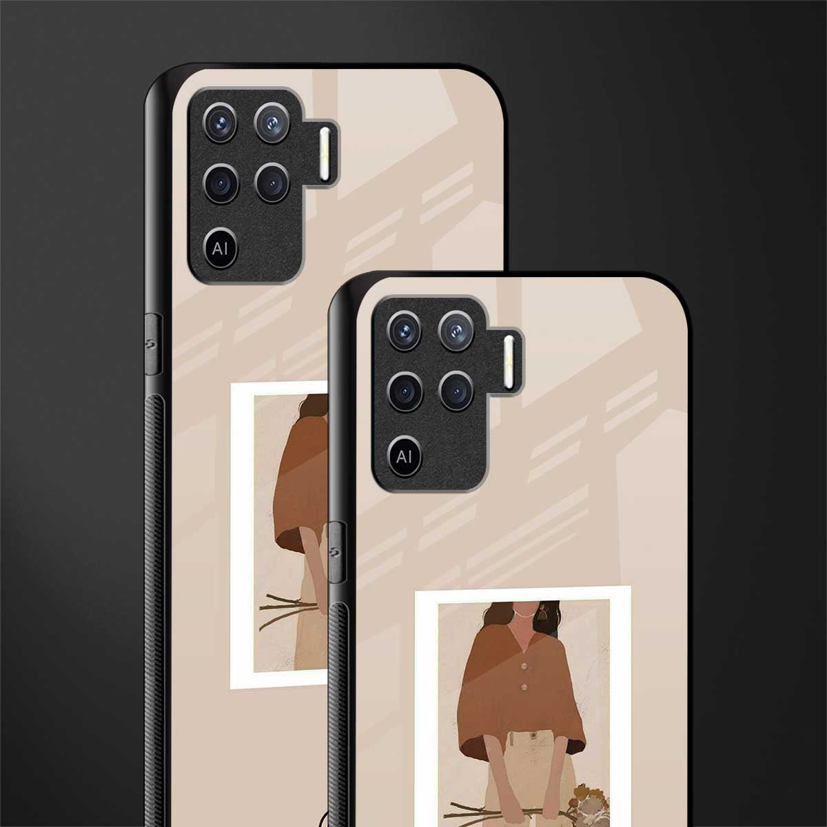 beige brown young lady art glass case for oppo f19 pro