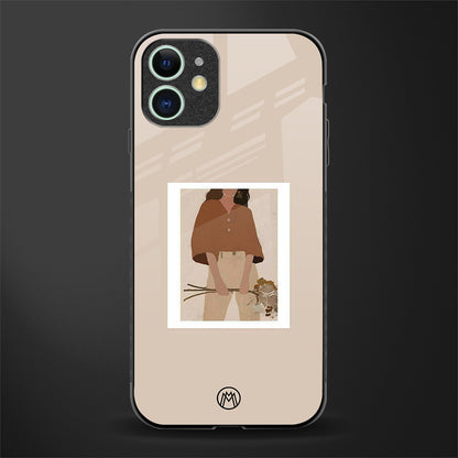 beige brown young lady art glass case for iphone 11