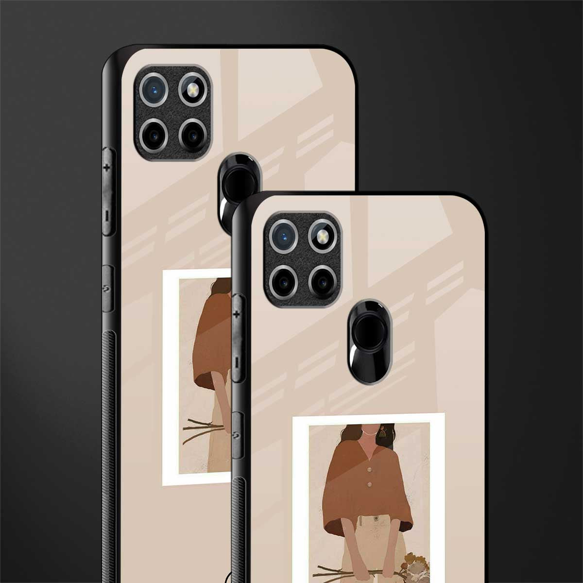 beige brown young lady art glass case for realme c21