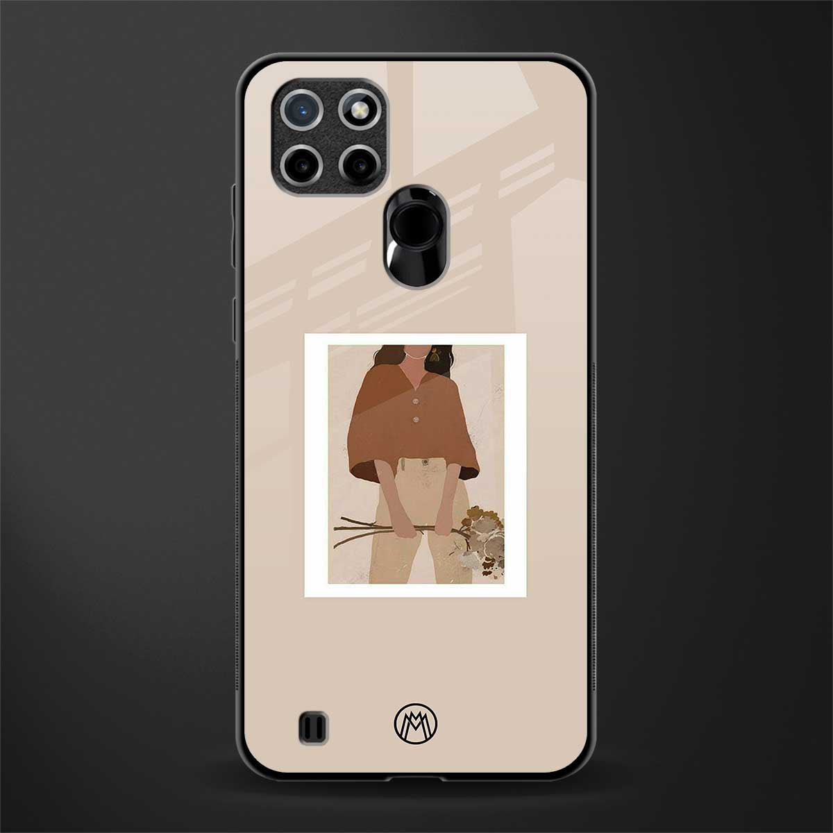 beige brown young lady art glass case for realme c21