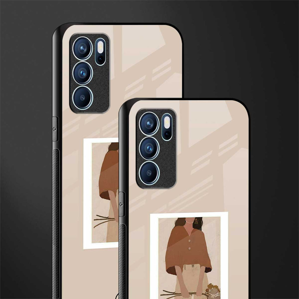 beige brown young lady art glass case for oppo reno6 pro 5g