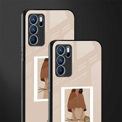 beige brown young lady art glass case for oppo reno6 5g