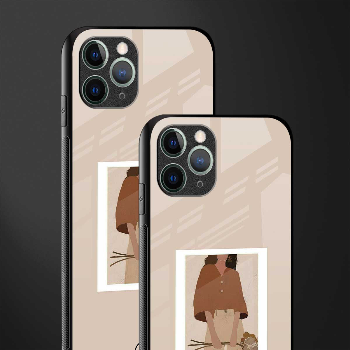 beige brown young lady art glass case for iphone 11 pro