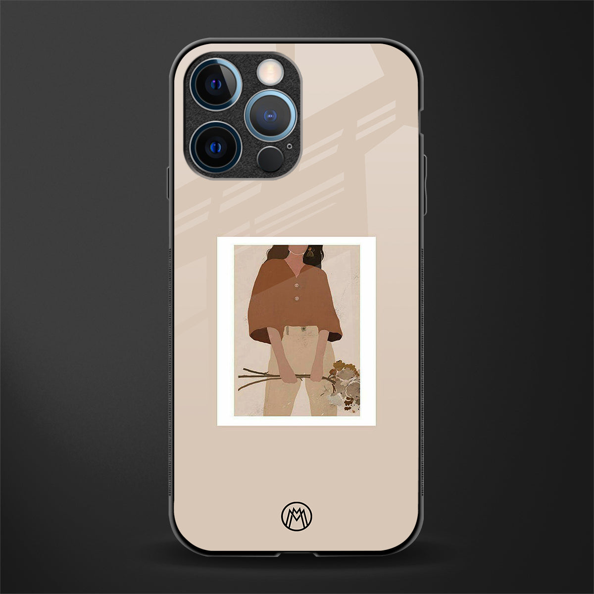 beige brown young lady art glass case for iphone 12 pro
