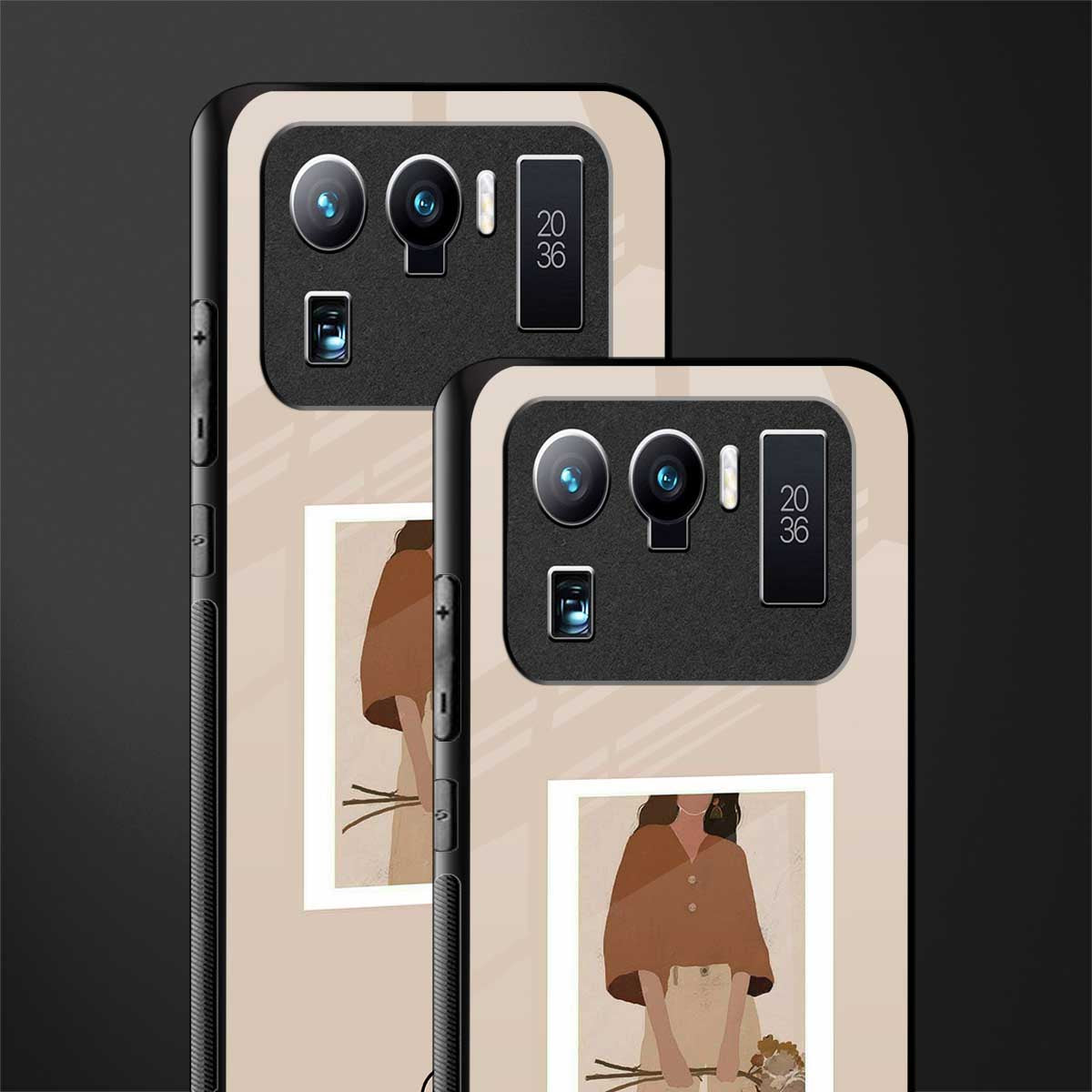 beige brown young lady art glass case for mi 11 ultra 5g