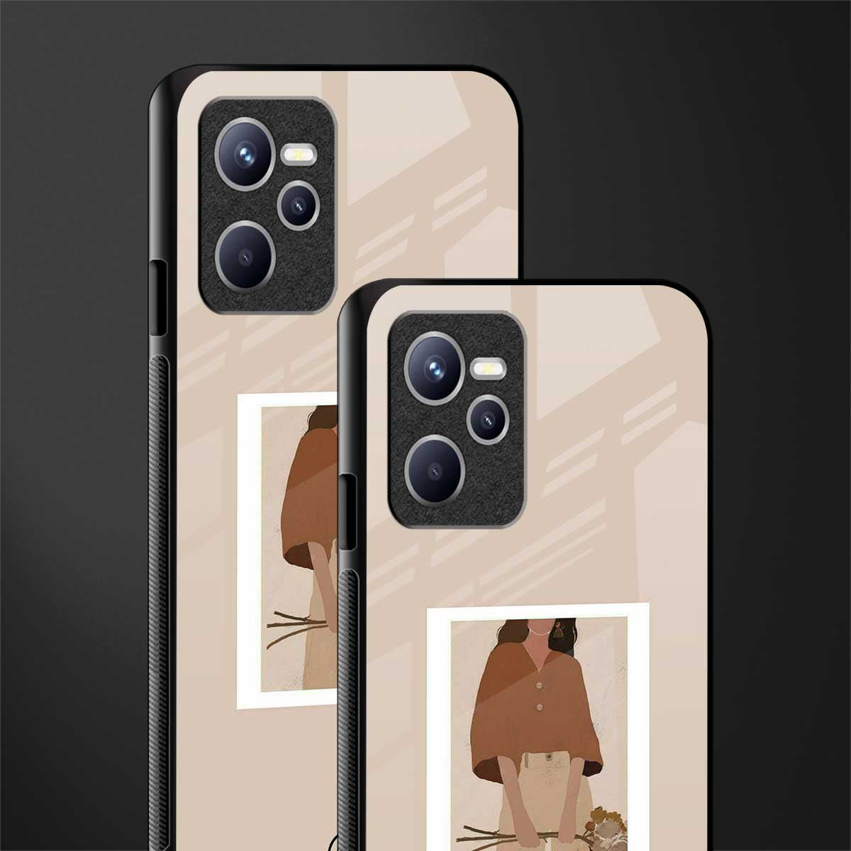 beige brown young lady art glass case for realme c35