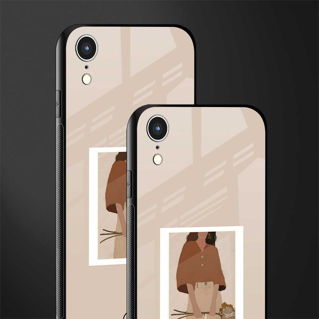 beige brown young lady art glass case for iphone xr