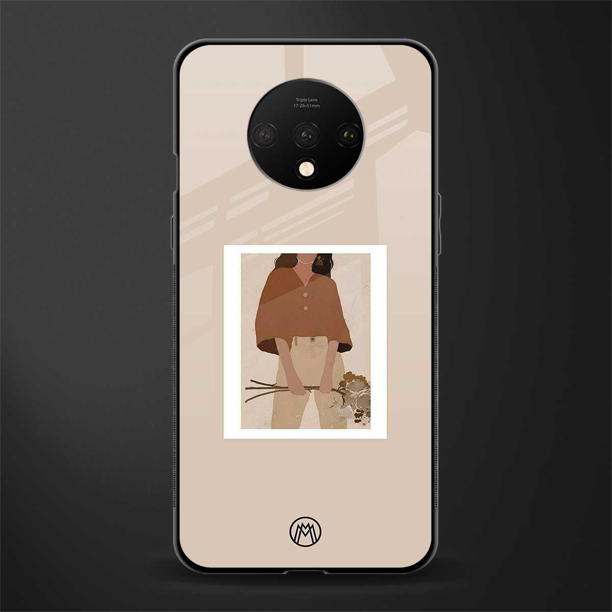 beige brown young lady art glass case for oneplus 7t