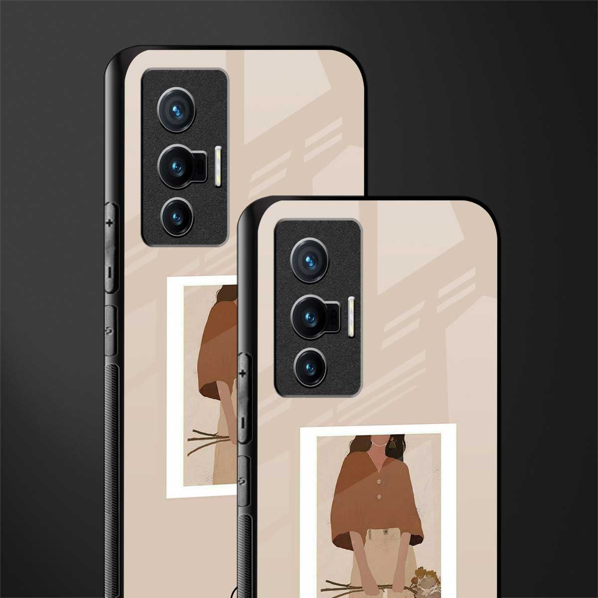 beige brown young lady art glass case for vivo x70