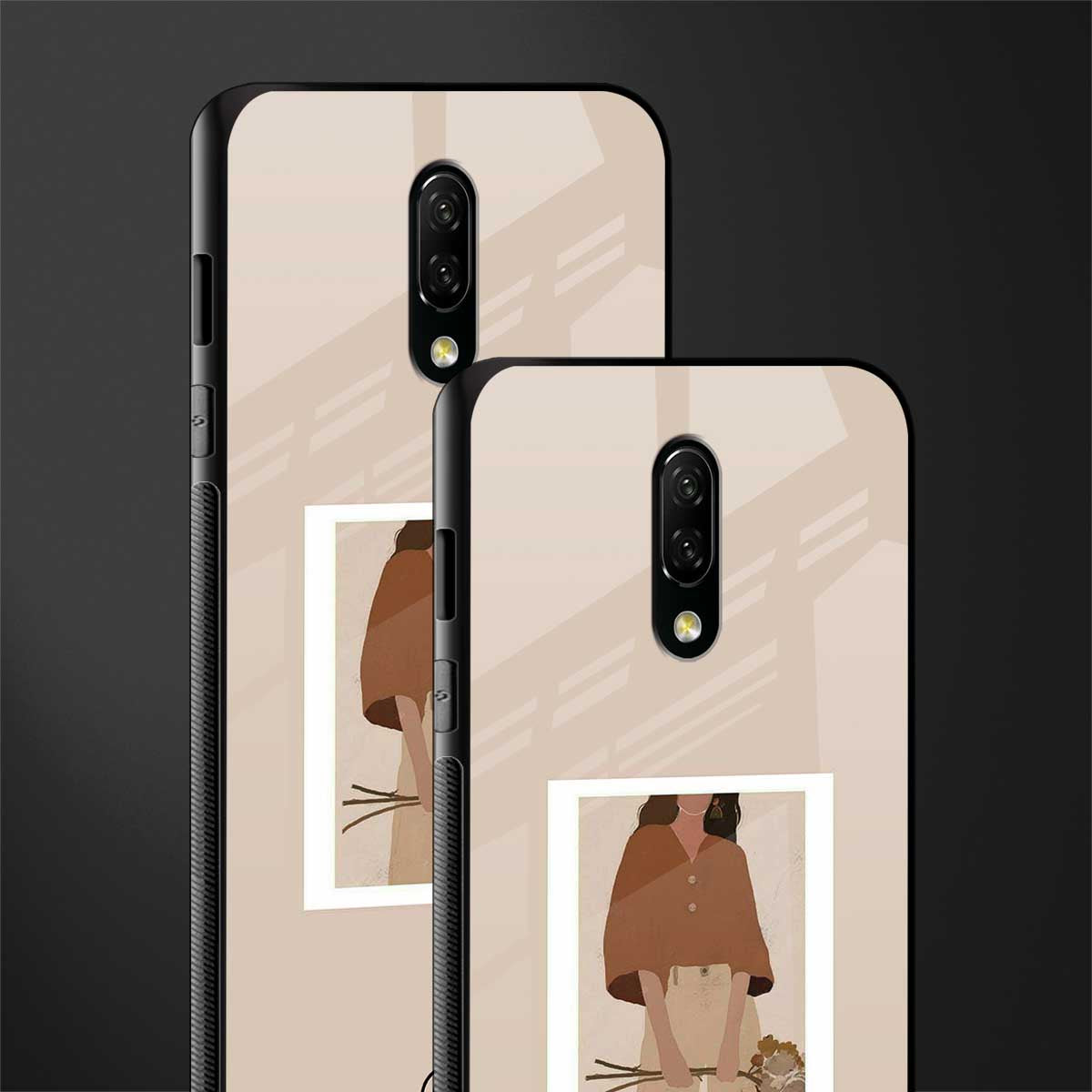 beige brown young lady art glass case for oneplus 7