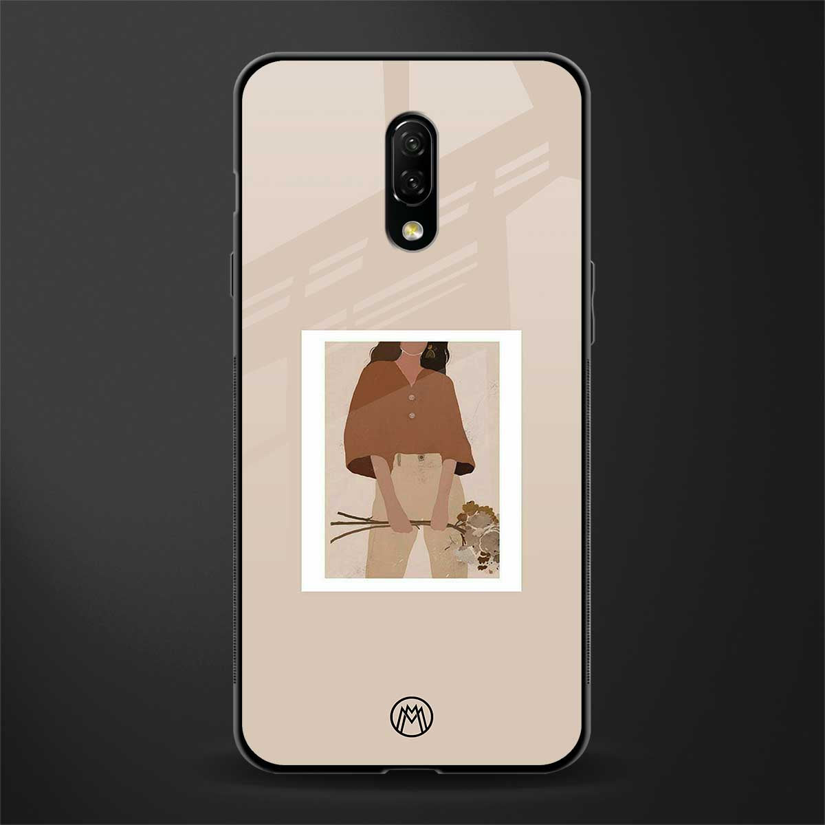 beige brown young lady art glass case for oneplus 7