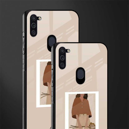 beige brown young lady art glass case for samsung galaxy m11