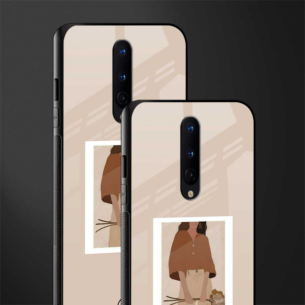 beige brown young lady art glass case for oneplus 8