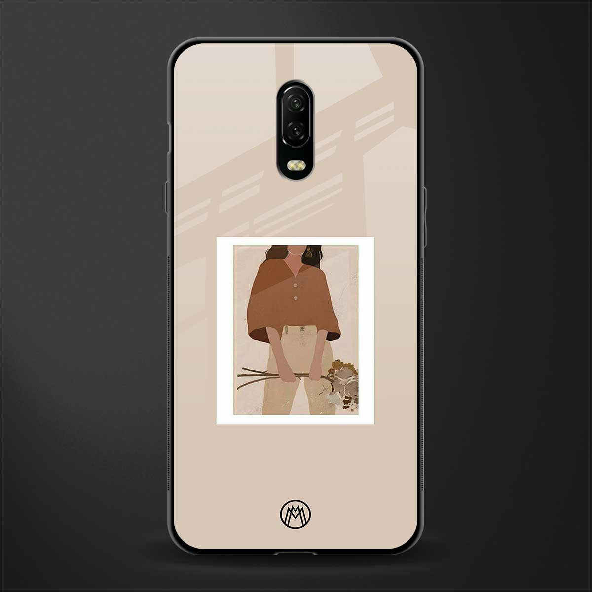 beige brown young lady art glass case for oneplus 6t