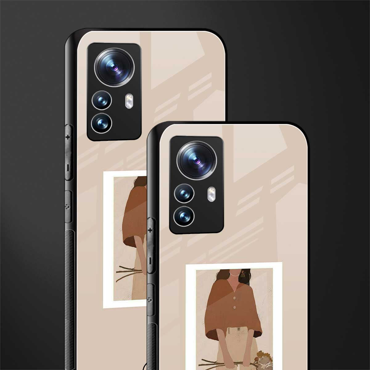 beige brown young lady art back phone cover | glass case for xiaomi 12 pro