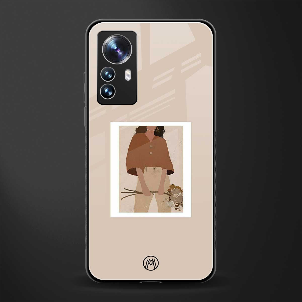beige brown young lady art back phone cover | glass case for xiaomi 12 pro