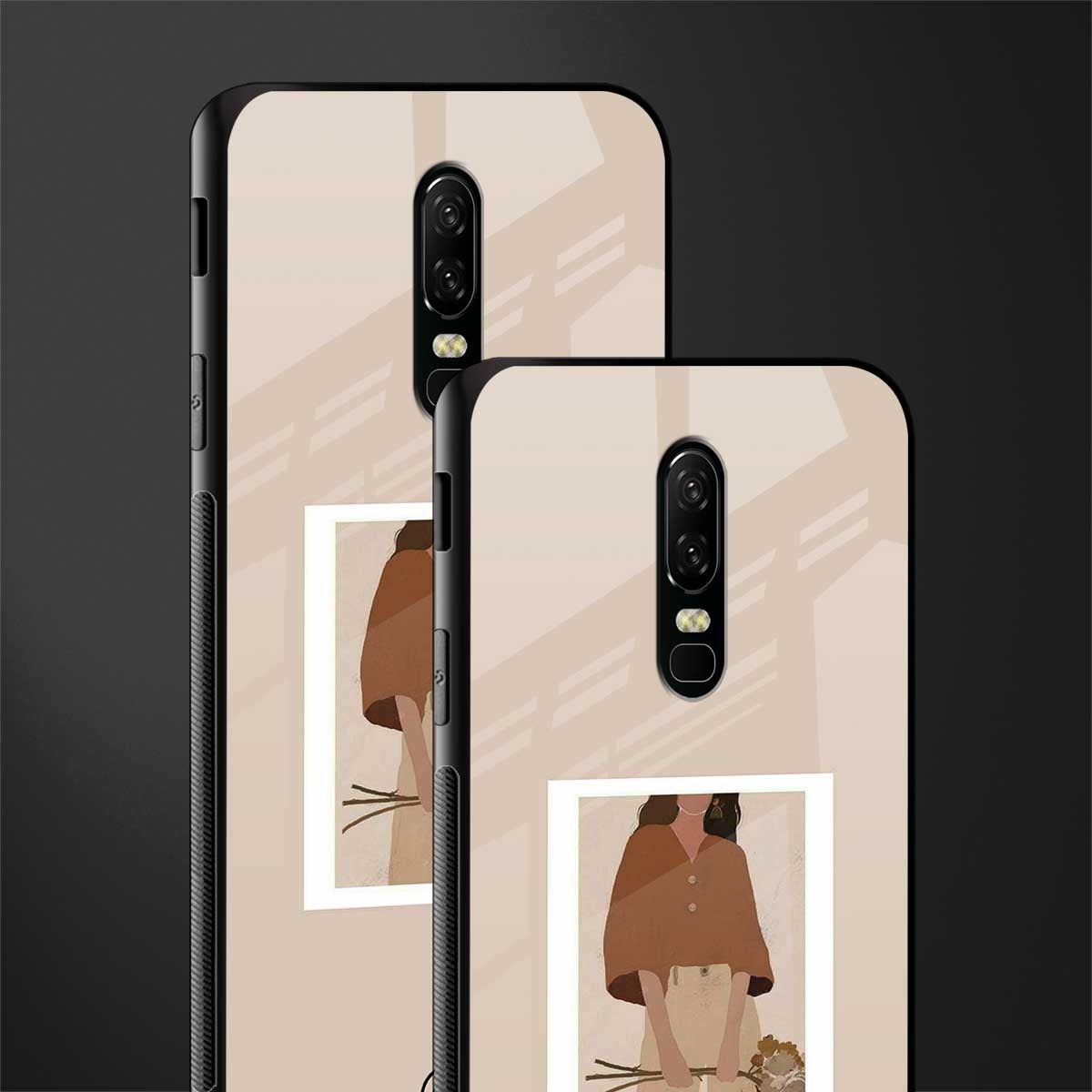 beige brown young lady art glass case for oneplus 6