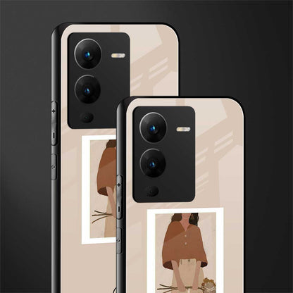 beige brown young lady art back phone cover | glass case for vivo v25 pro 5g