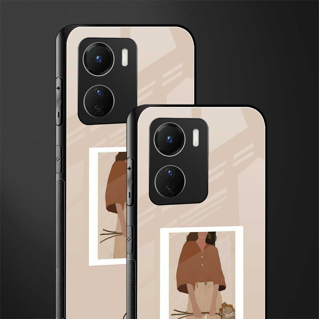 beige brown young lady art back phone cover | glass case for vivo y16