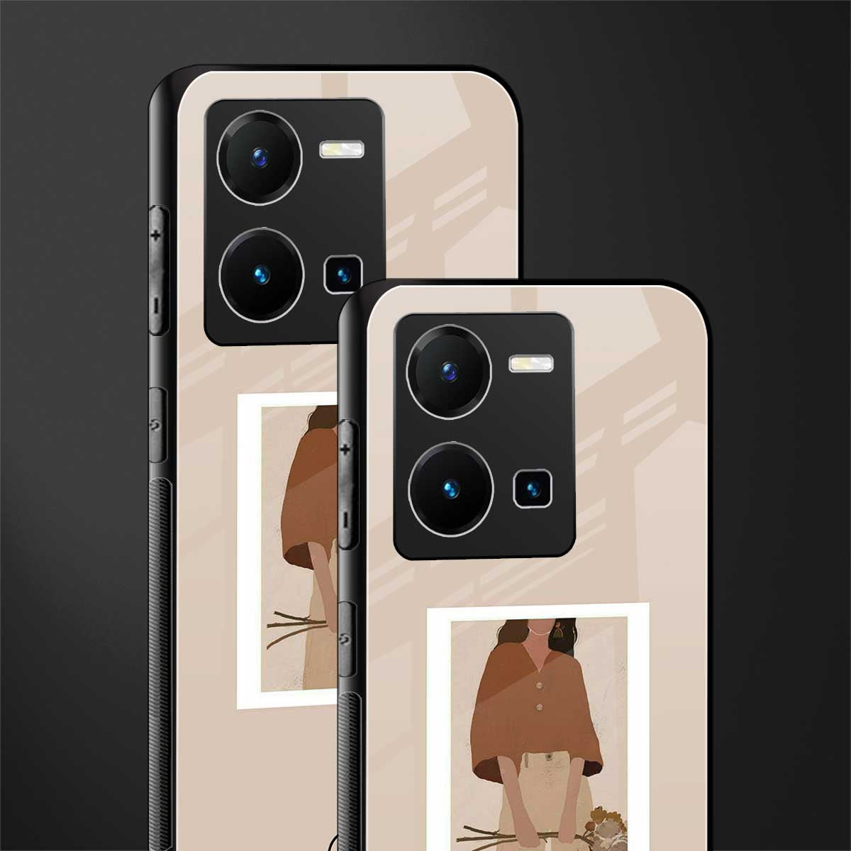 beige brown young lady art back phone cover | glass case for vivo y35 4g