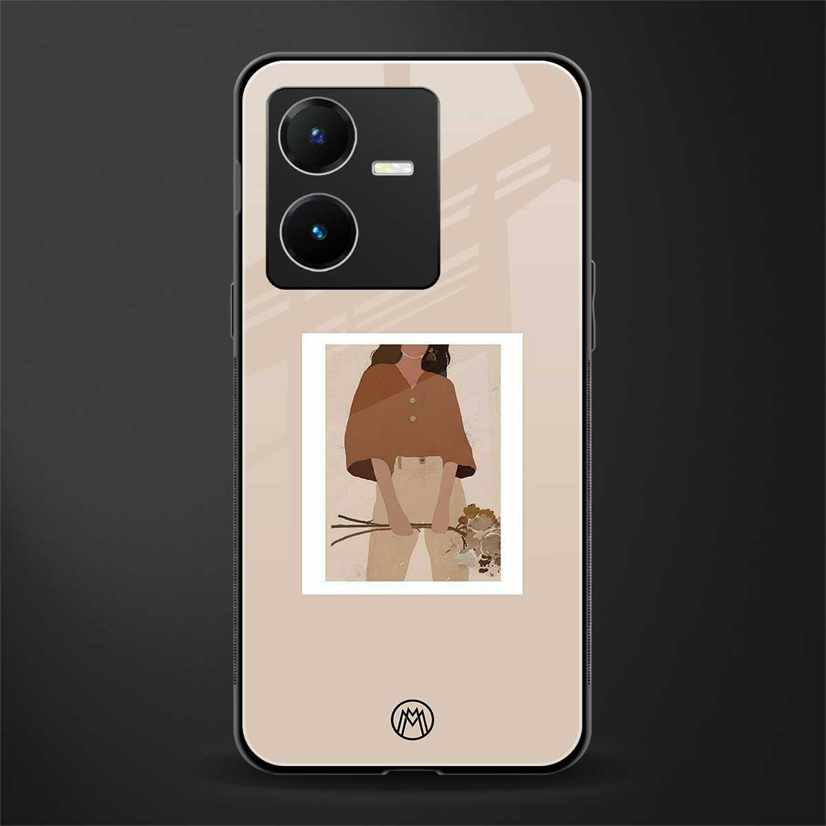 beige brown young lady art back phone cover | glass case for vivo y22